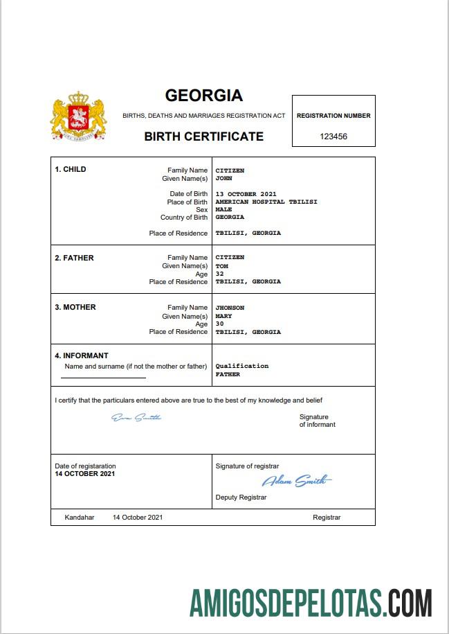 Para baixar modelo Word e PDF de certidão de nascimento de registro vital da Geórgia